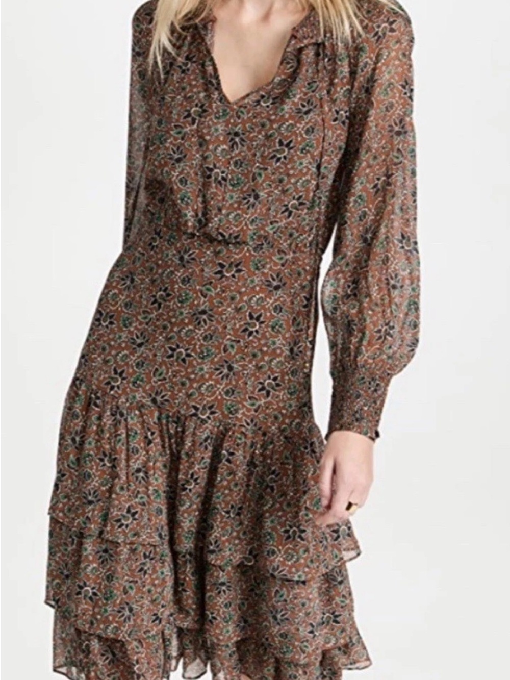 Veronica Beard Brown Floral Ruffled Long-Sleeve Midi Dress